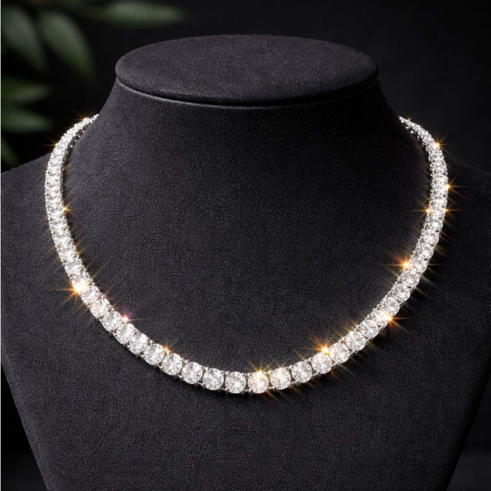 5mm Iced Out Silver Tennis Chain Necklace Unisex CZ Diamond Cuban Hip Hop Bling
